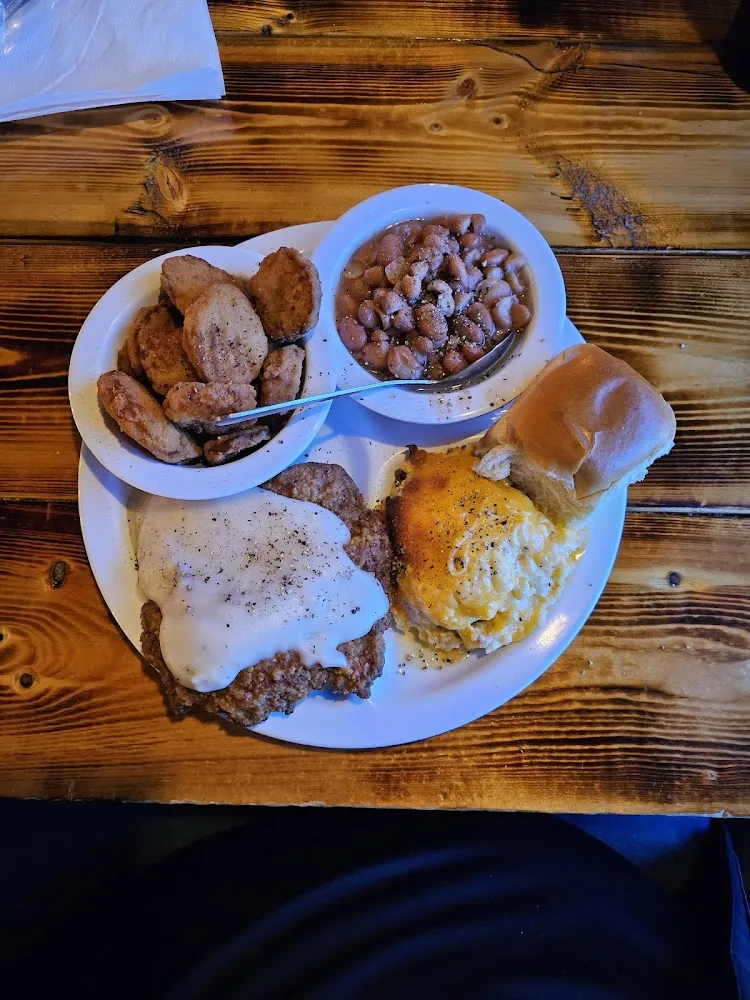 Country Fried Steak Mac N Cheese Pinto Beans and Fried Squash